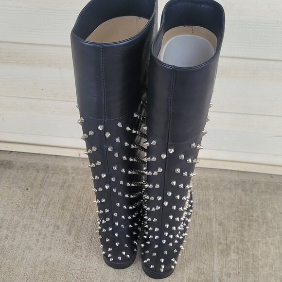 Christian Louboutin Studded Flat Boots Knee Black Shoes MENEBOOT IT 37 US 6.5-7 - Picture 6 of 14